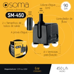 Bomba Submersa Soma SM‑450 450L/H 127V – Fluxo Estável