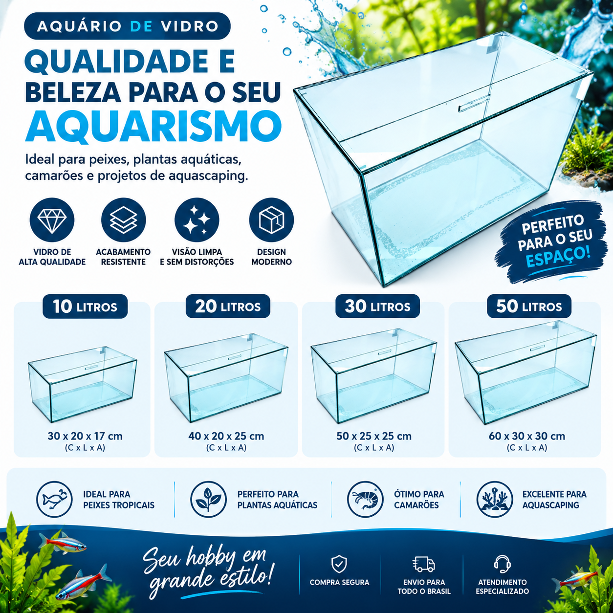 Aquário de vidro 10L 20L 30L e 50L para aquarismo