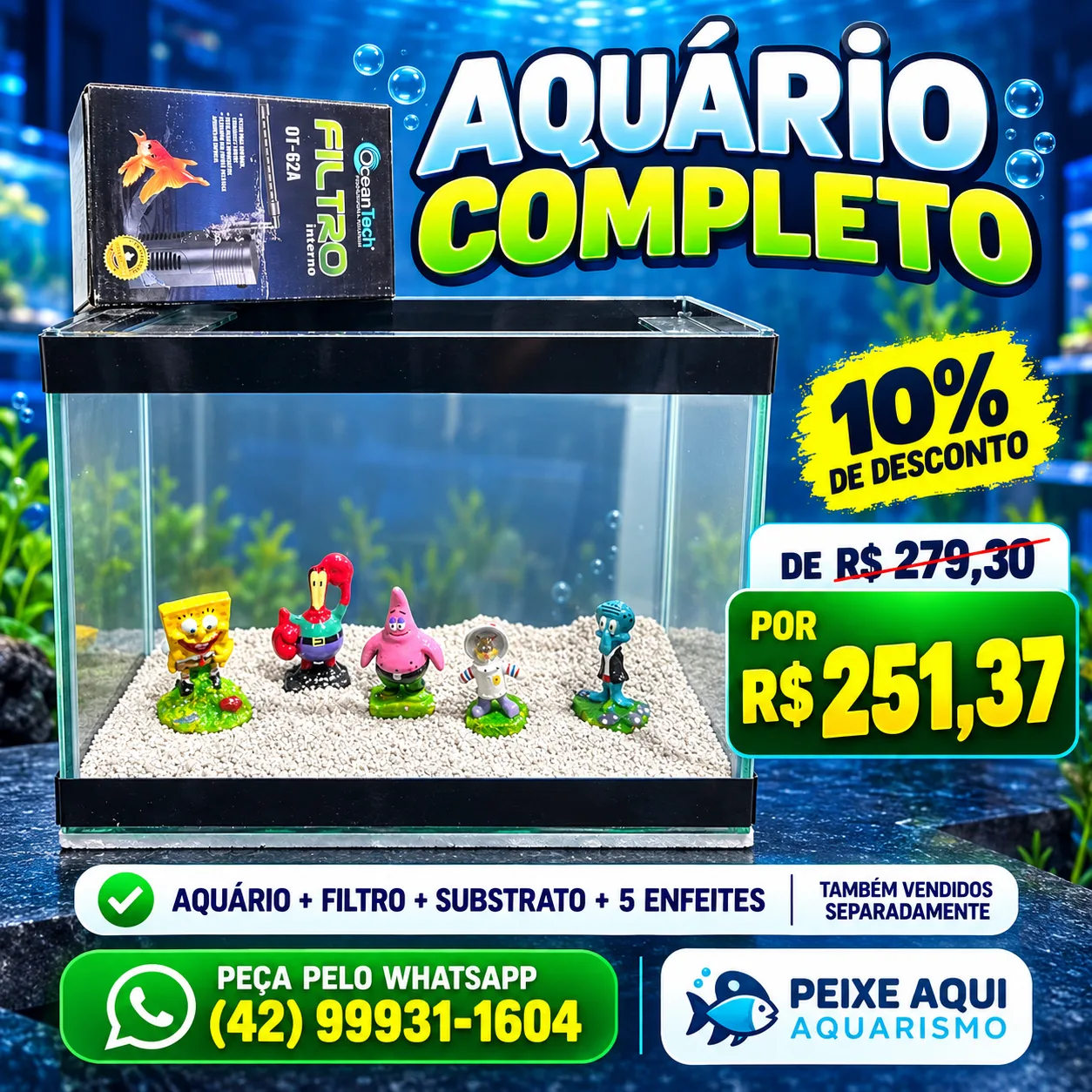 Aquário completo 10 litros Bob Esponja com filtro e enfeites