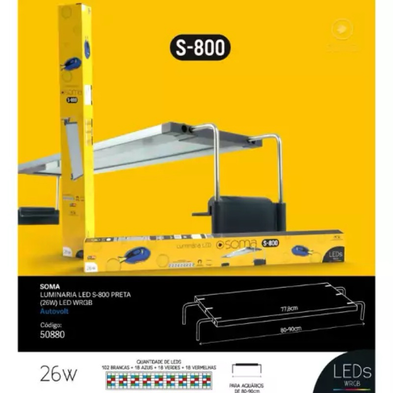 Luminária LED Soma S-800 26W Autovolt | Aquários 80–90cm | Água Doce e Marinho