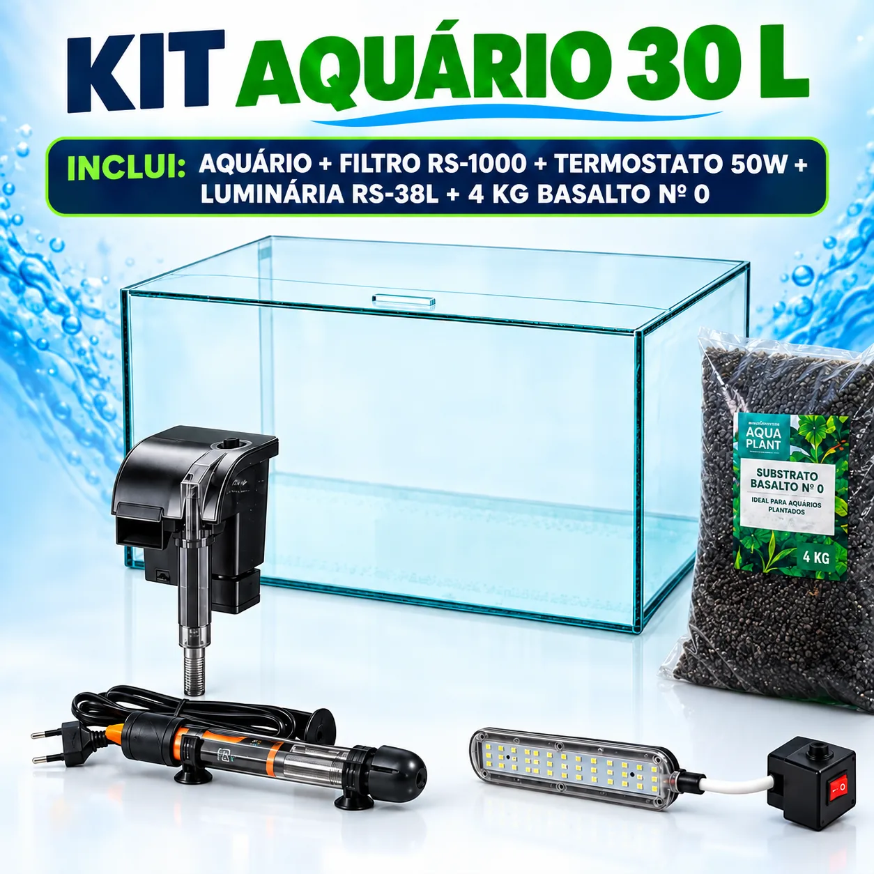 Kit Aquário Completo 30 Litros com filtro, termostato, luminária e basalto