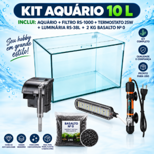 Kit Aquário Completo 10 Litros com filtro, termostato, luminária e basalto