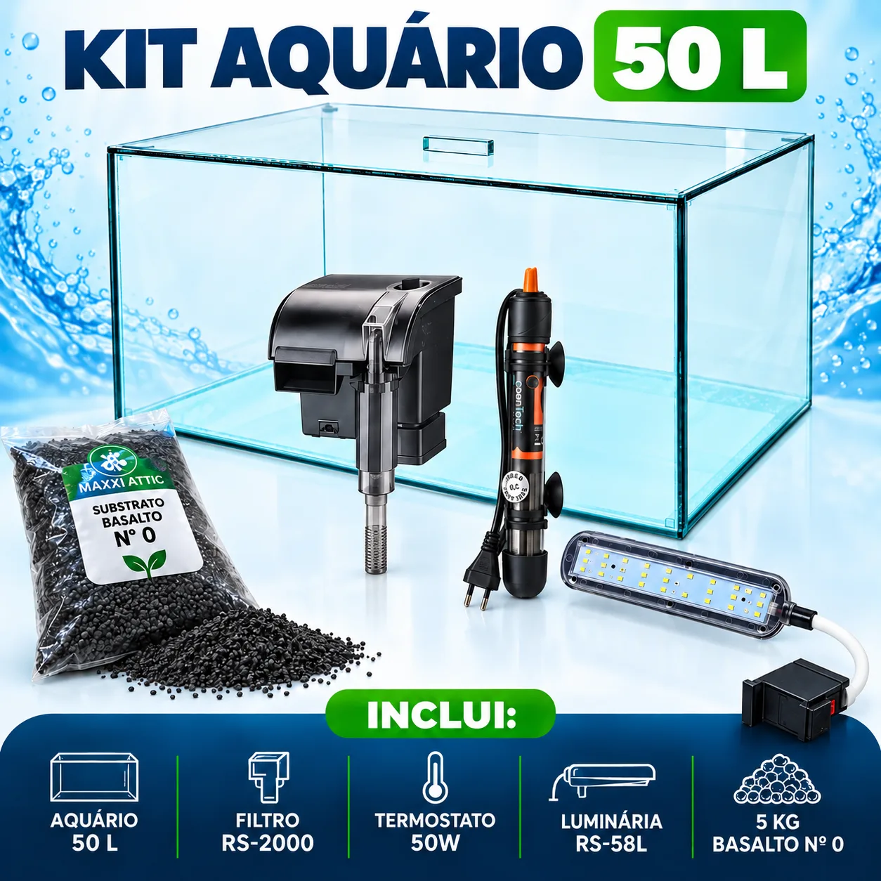 Kit Aquário Completo 50 Litros com filtro, termostato, luminária e basalto