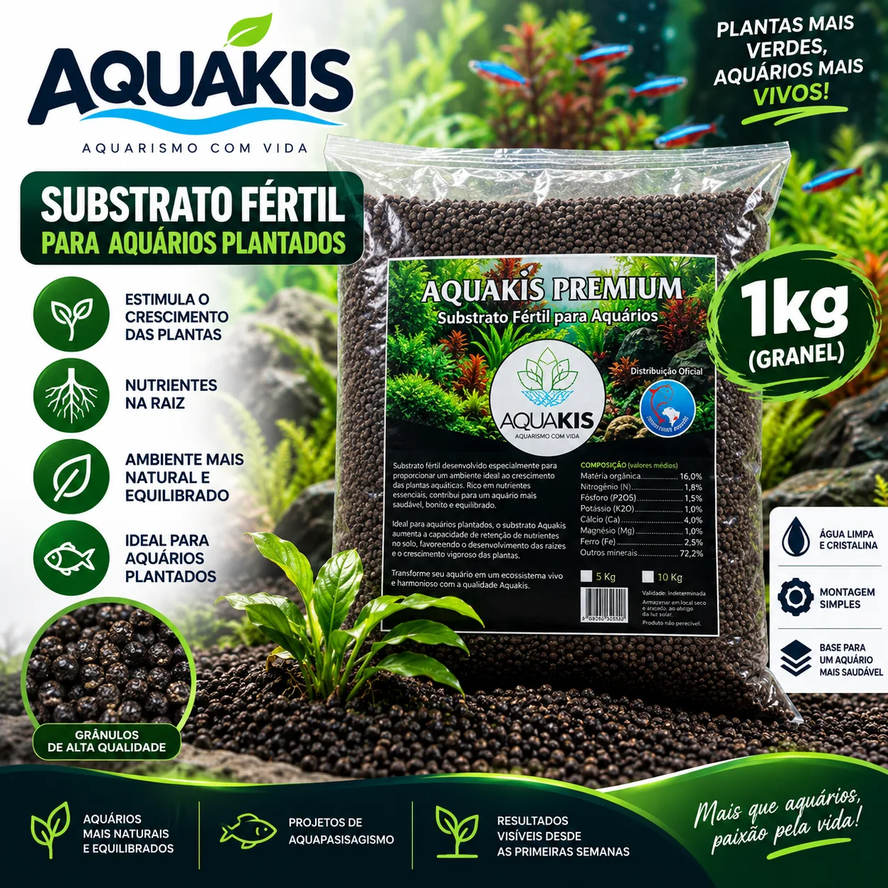 Substrato Fértil Aquakis 1kg para aquário plantado